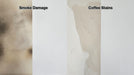 This image illustrates the remarkable coverage provided by SPO Shellac Stain & Odour Blocker on a coffee stain and smoke and fire damage. 