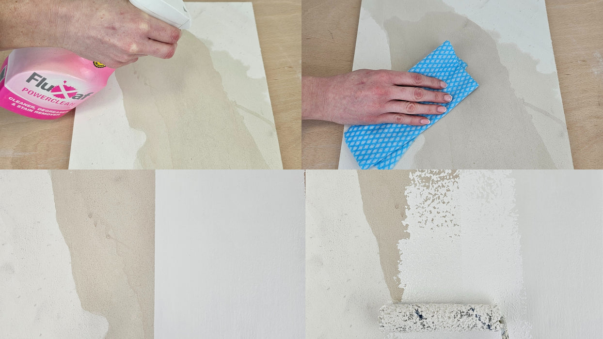 This image illustrates the remarkable coverage provided by SPO Shellac Stain & Odour Blocker on a coffee stain. One side remains untreated, clearly showing how the stain bleeds through the topcoat, while the treated side demonstrates a clean finish, with the coffee stain effectively sealed and concealed.