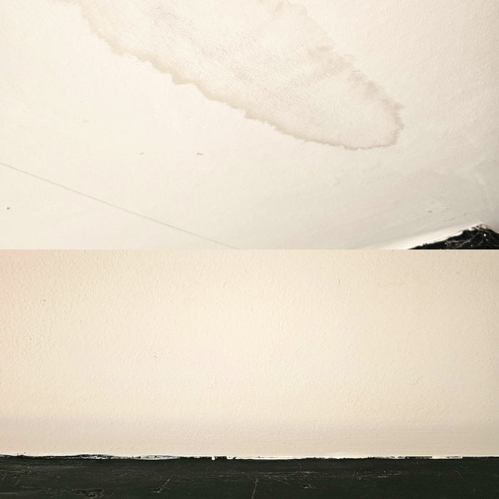 SPO Shellac Stain & Odour Blocker showing how user Blocked water stains on a kithcen ceiling