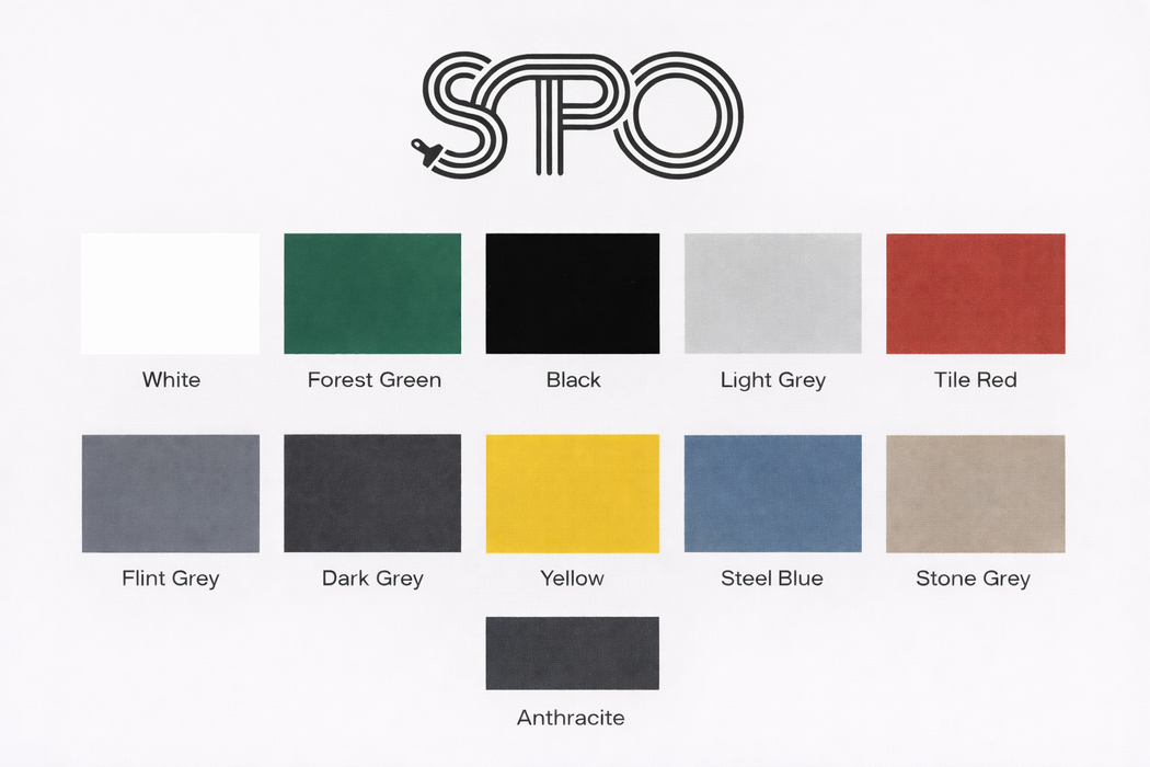 SPO Floor Paint colour chart showing 11 available colours - white, forest green, black, grey, tile red, yellow, steel blue, anthracite