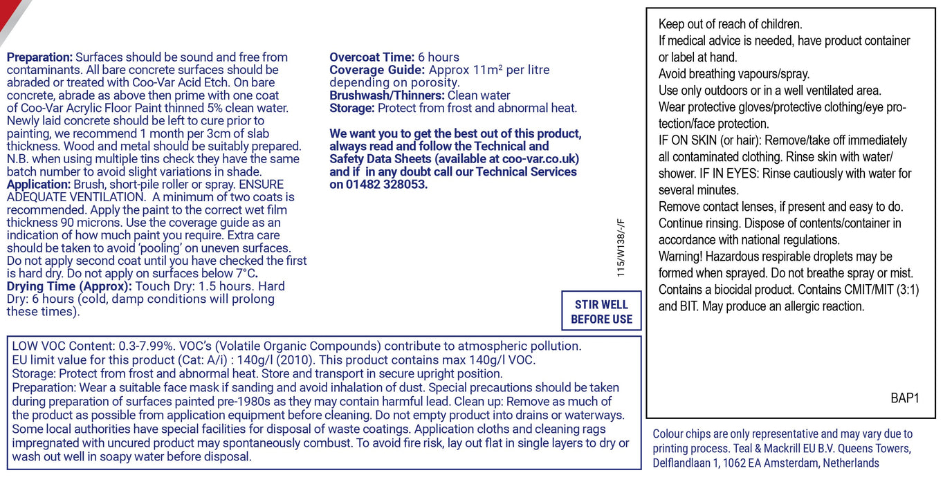 Coo-Var Acrylic Floor Paint back label with instructions and safety info.

