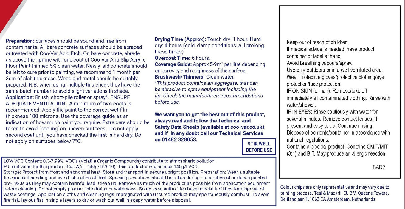 Coo-Var Anti-Slip Acrylic Floor Paint back label showing application details.