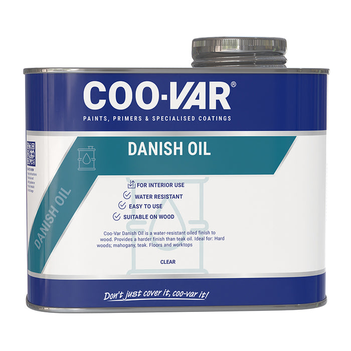 Coo-Var Danish Oil shown in its front-facing tin.
