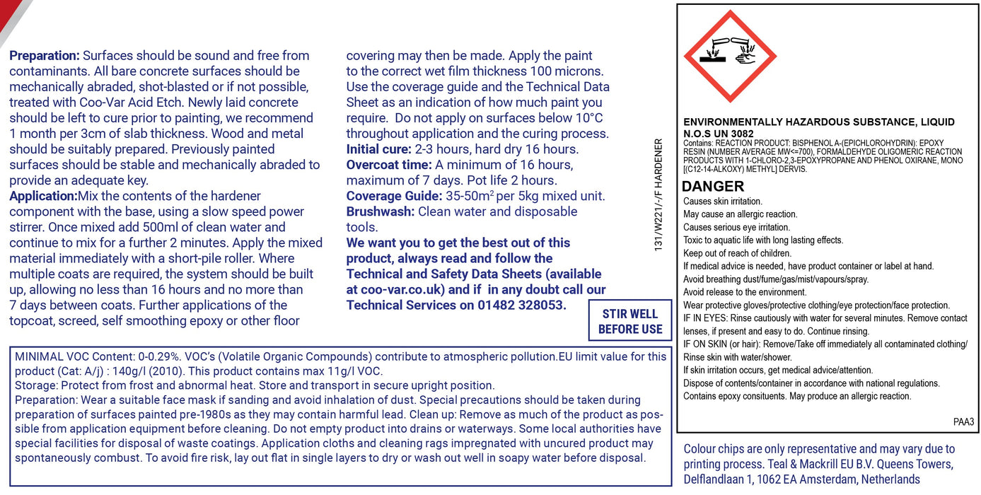 Coo-Var ProSeal Floor Primer hardener component back label.


