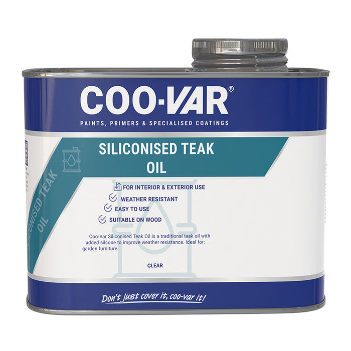 Coo-Var Teak Oil shown in its front-facing tin.
