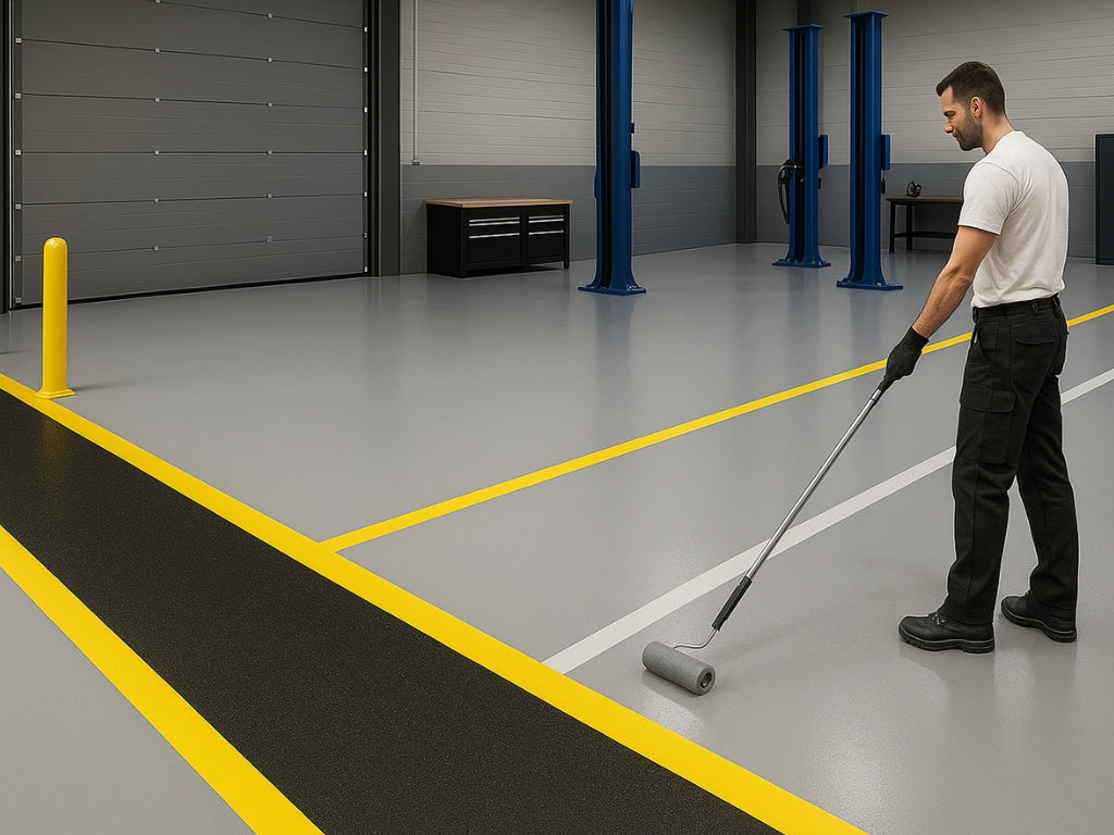 Worker rolling epoxy floor paint and Anti-Slip Floor paint in industrial garage, applying specialist coating for a seamless, slip-resistant finish.