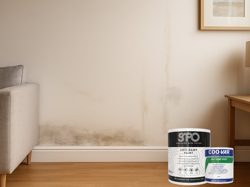 Interior wall with visible damp patches and water stains caused by rising damp, penetrating damp and leaks, showing the type of surface treated with anti-damp paint.