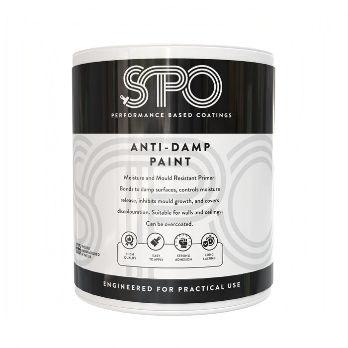 SPO Anti Damp Paint shown in its front-facing tin.
