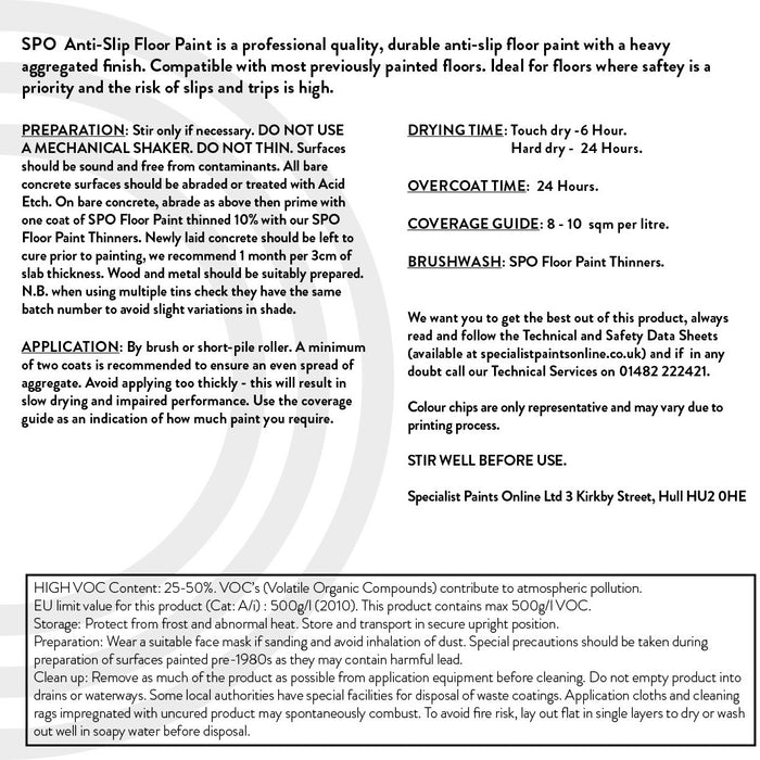 SPO Anti-Slip Floor Paint back label detailing usage instructions.