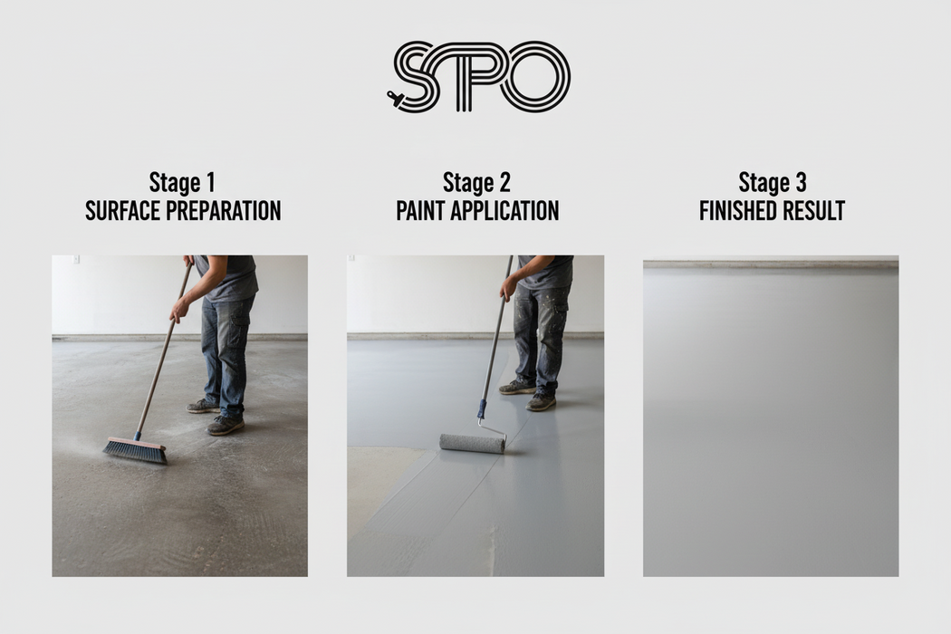 How to apply SPO Floor Paint - three stage process showing surface preparation, paint application, and finished result
