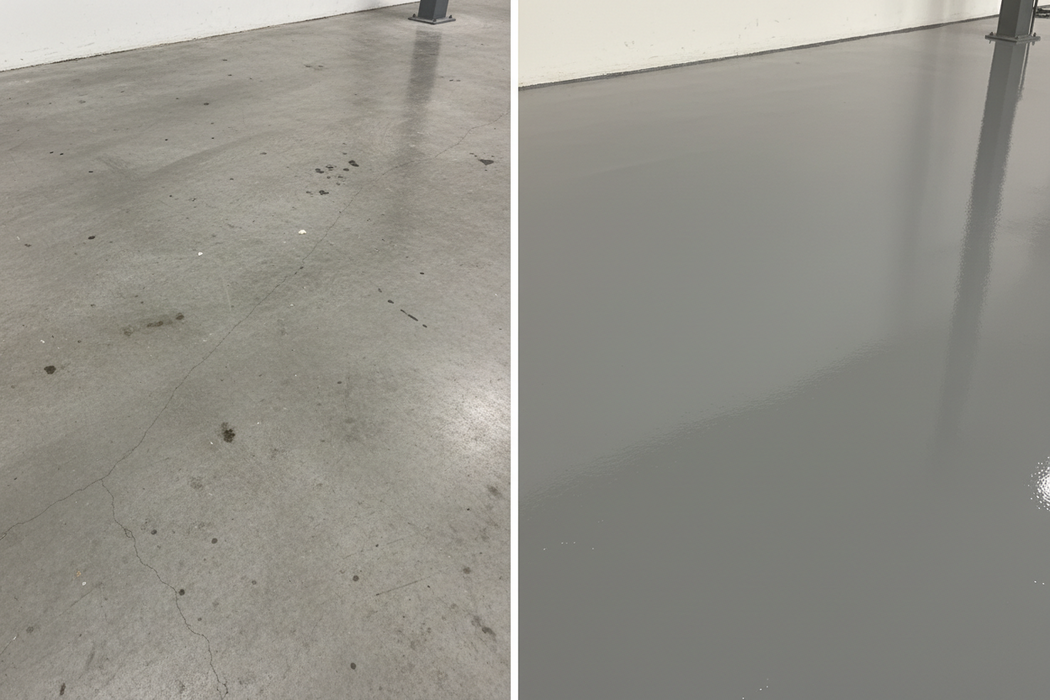 Before and after transformation of concrete floor with SPO Floor Paint