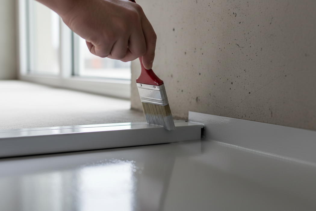 Brush application of SPO Floor Paint showing proper thin coat technique on concrete