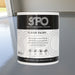 SPO Floor Paint tin on freshly painted light grey garage floor showing semi-gloss finish