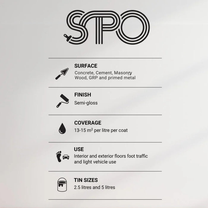 SPO Floor Paint technical specifications - coverage 13-15m² per litre, semi-gloss finish, suitable for concrete cement masonry wood metal