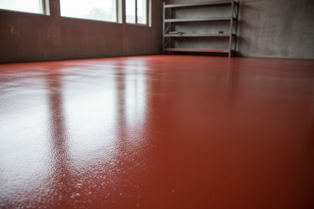 Tile red workshop floor coated with SPO Floor Paint semi-gloss finish