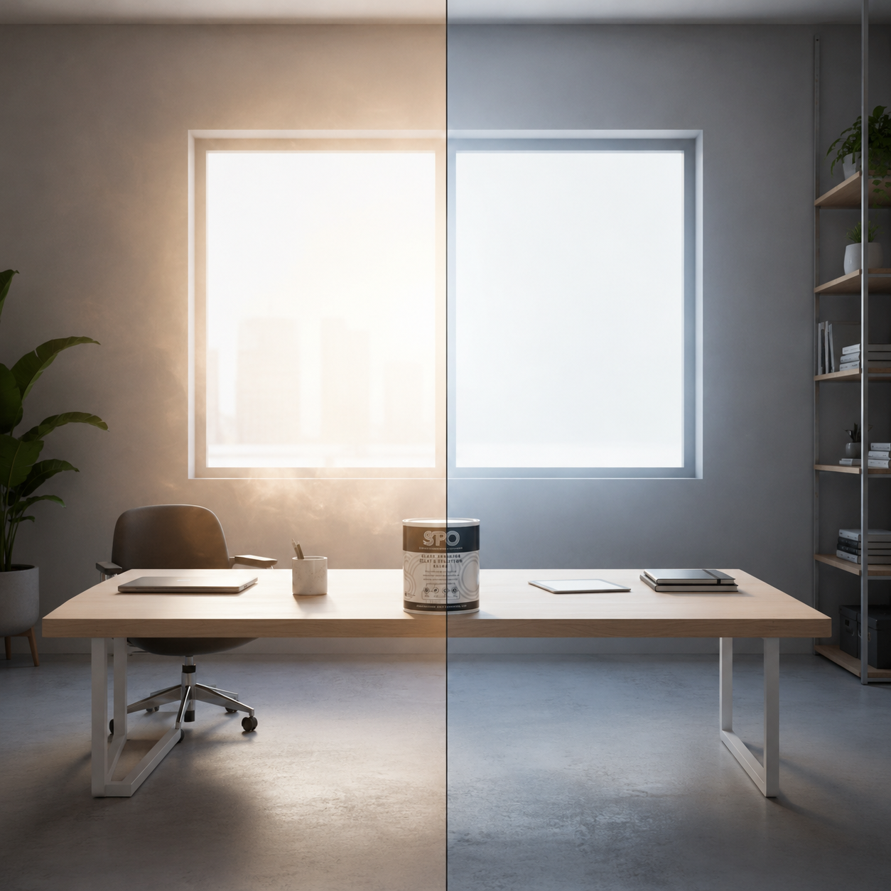 SPO Glass Shading Heat Reduction Paint tin on a desk beside a window showing before and after effect of glass shading paint applied