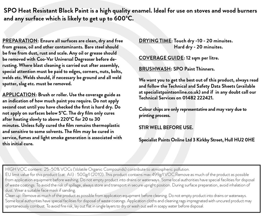 SPO Heat Resistant Black Paint back label with application guidelines.

