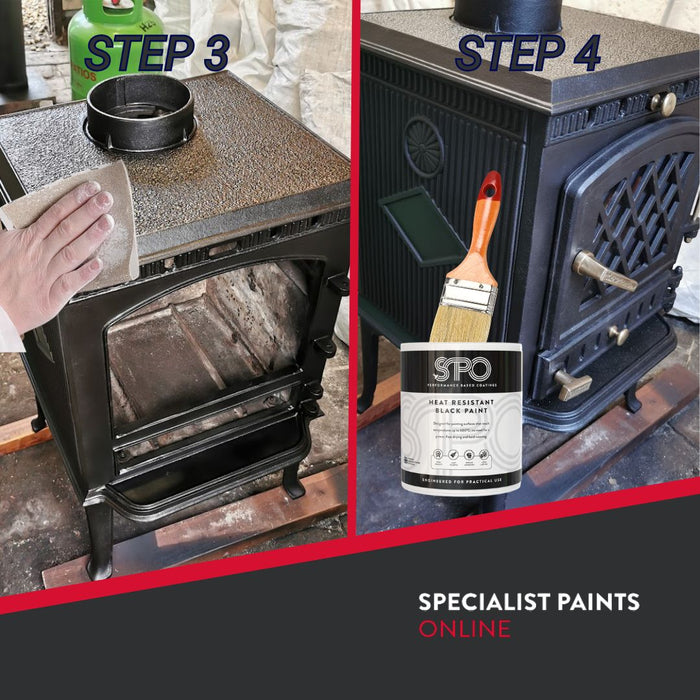 SPO Heat Resistant Black Paint before and after results on a stove.
