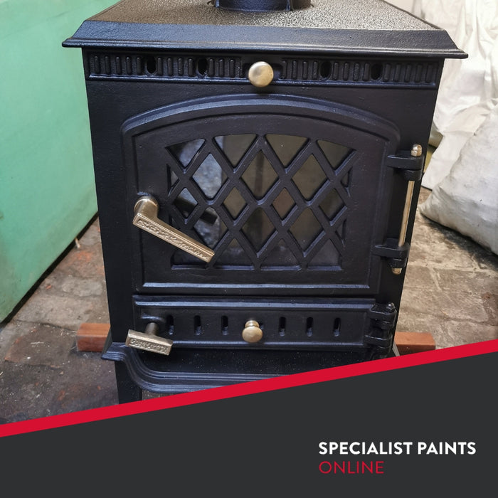 SPO Heat Resistant Black Paint applied to a stove surface.
