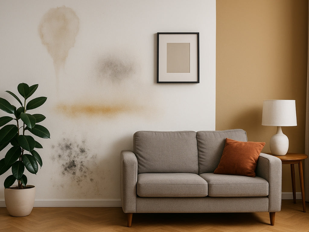 Living room wall showing common household stains including water marks, smoke, nicotine, and mould, highlighting the need for stain blocker products for every stain